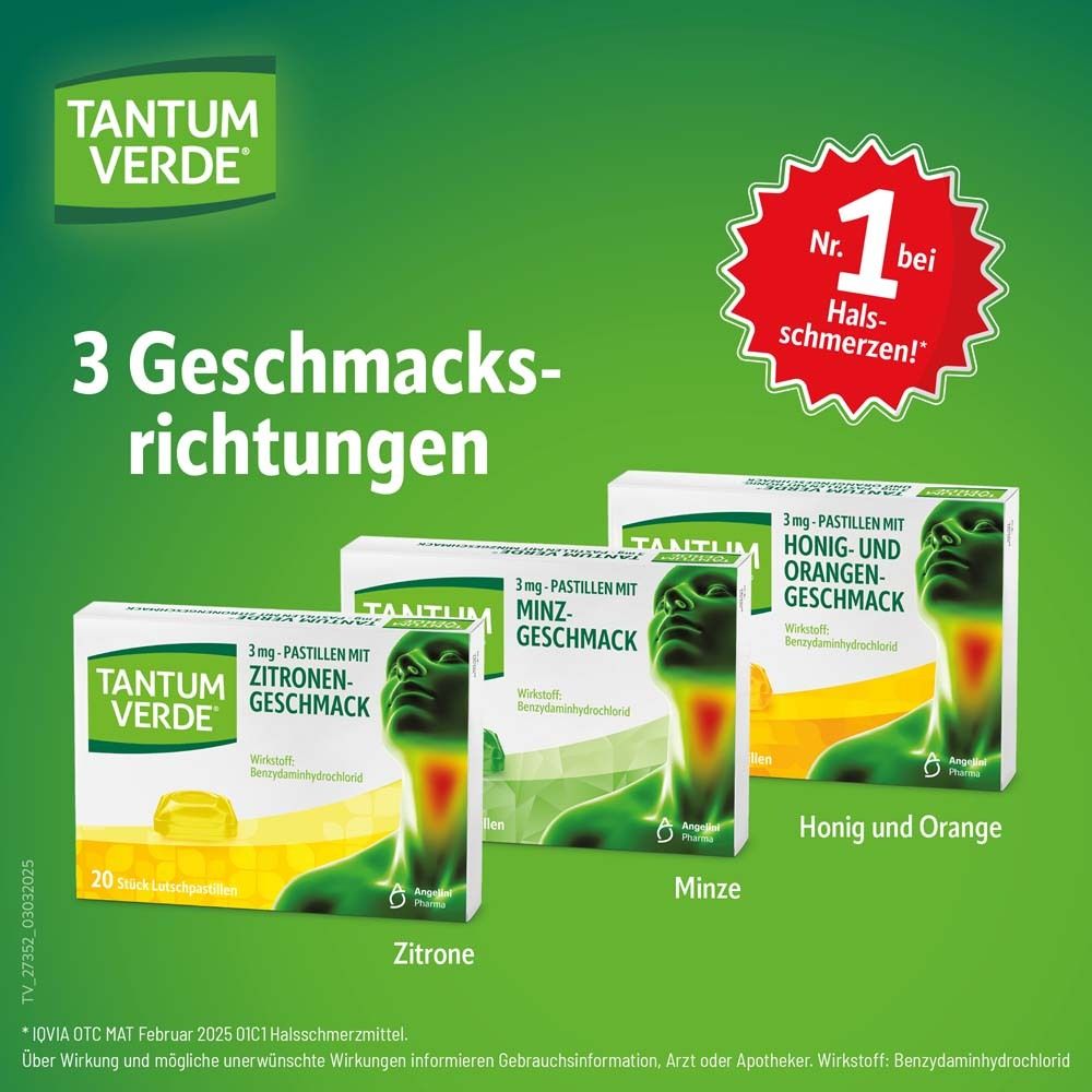 TANTUM VERDE® Logo. 3 Geschmacksrichtungen: Zitrone, Minze, Honig-Orange. Packungen sichtbar.