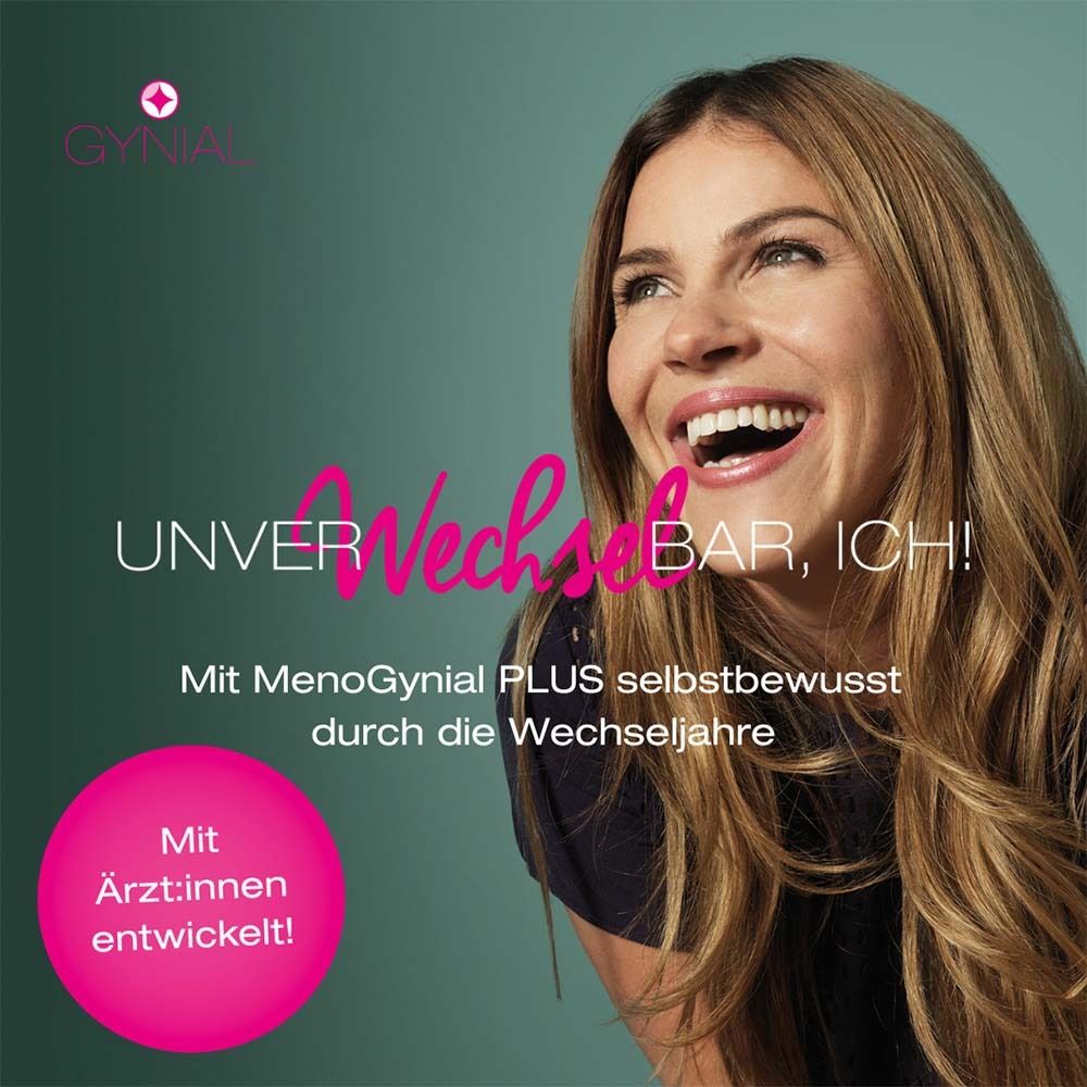 Lächelnde Frau. Text: Unverwechselbar, ich! Mit MenoGynial PLUS selbstbewusst durch die Wechseljahre. Pinker Kreis mit Text: Mit Ärzt:innen entwickelt!