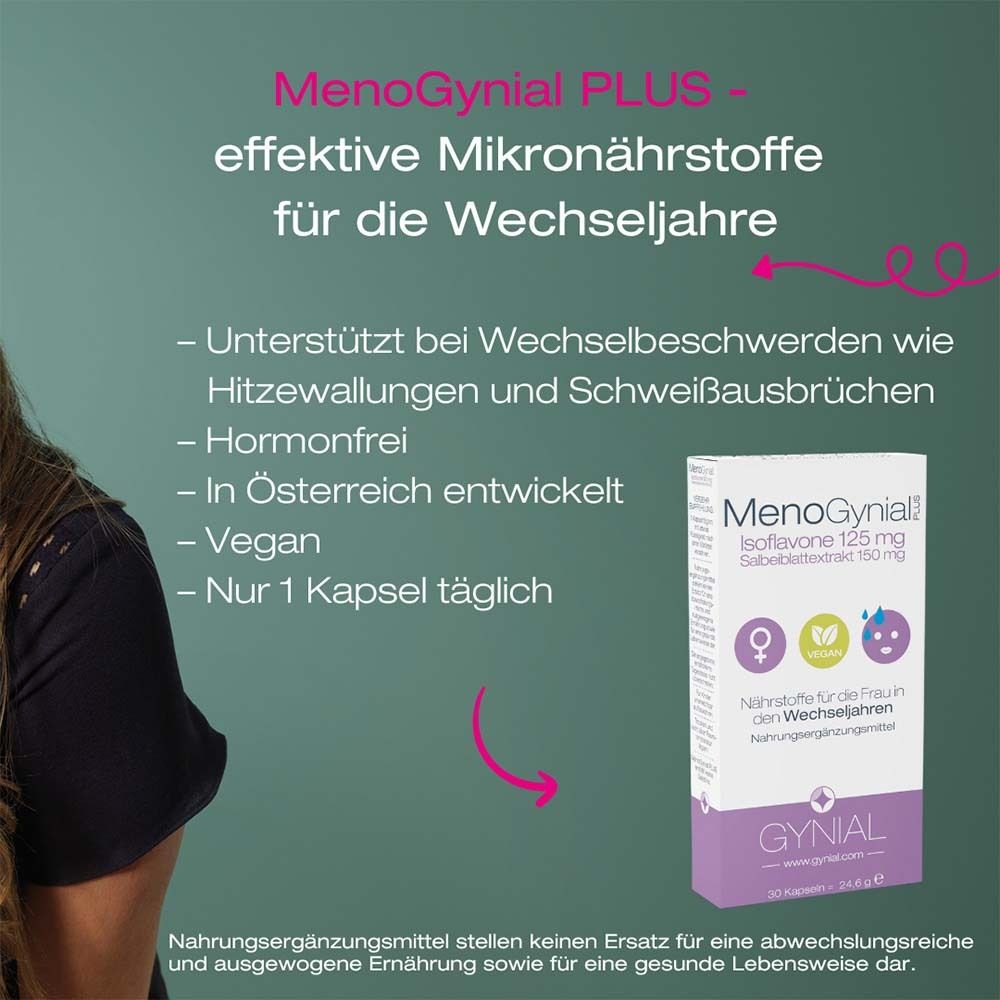 Text: MenoGynial PLUS - effektive Mikronährstoffe für die Wechseljahre. Aufzählung von Vorteilen. Produktverpackung im Hintergrund.