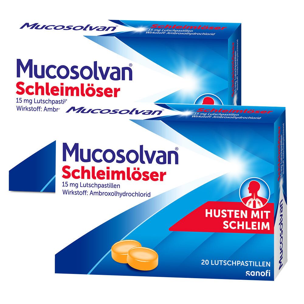 Zwei Schachteln MUCOSOLVAN® Schleimlöser Hustenpastillen. Blaue Verpackung mit Produktnamen und Inhaltsangaben. Zwei Hustenbonbons liegen davor.