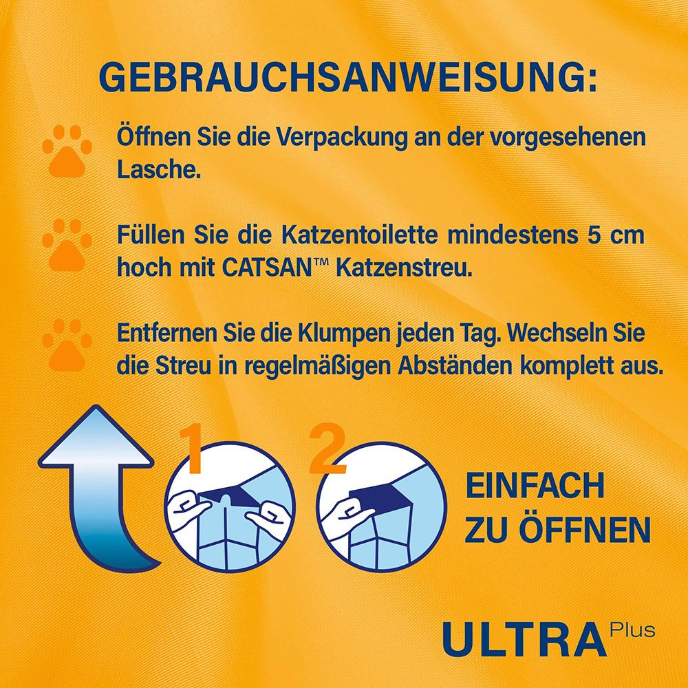 Eine blaue Katzentoilette mit Streu und Schaufel.