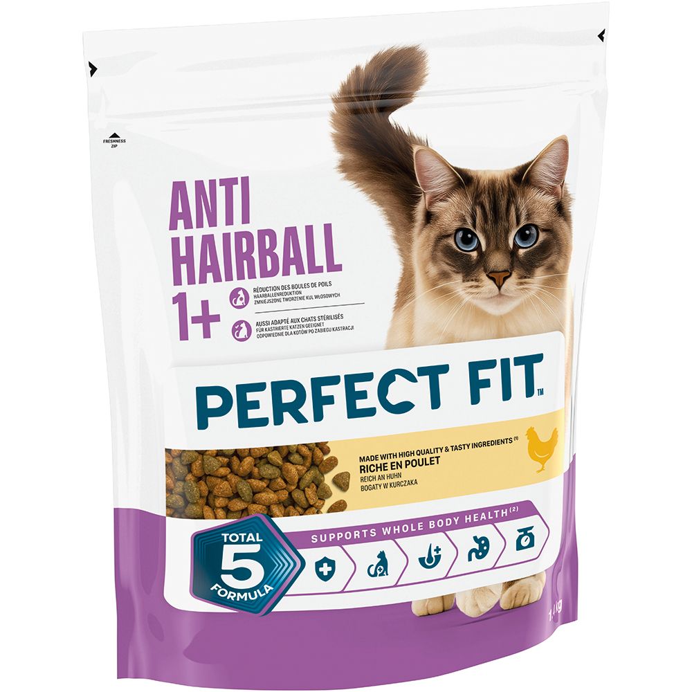 Perfect Fit Anti Hairball Futterbeutel mit Katze und Kroketten.