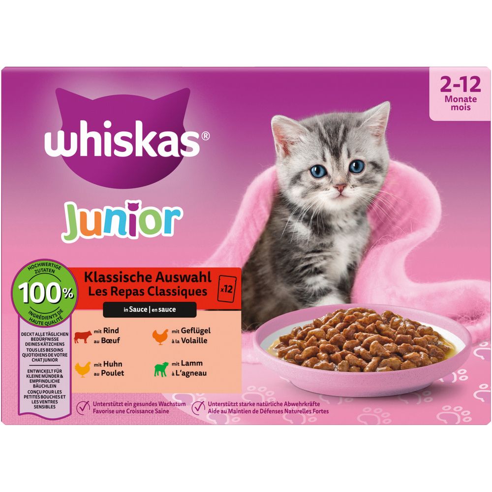 Whiskas Frischebeutel 85g 12 Pack Klassische Auswahl in Sauce Junior, 2-12 Monate