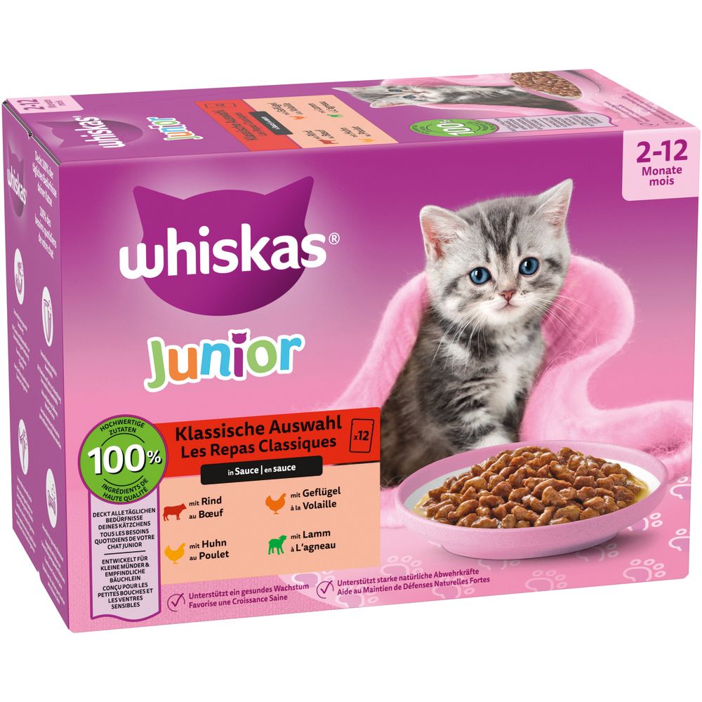 Whiskas Junior Katzenfutter, klassische Auswahl in Sauce, 12x 85g.