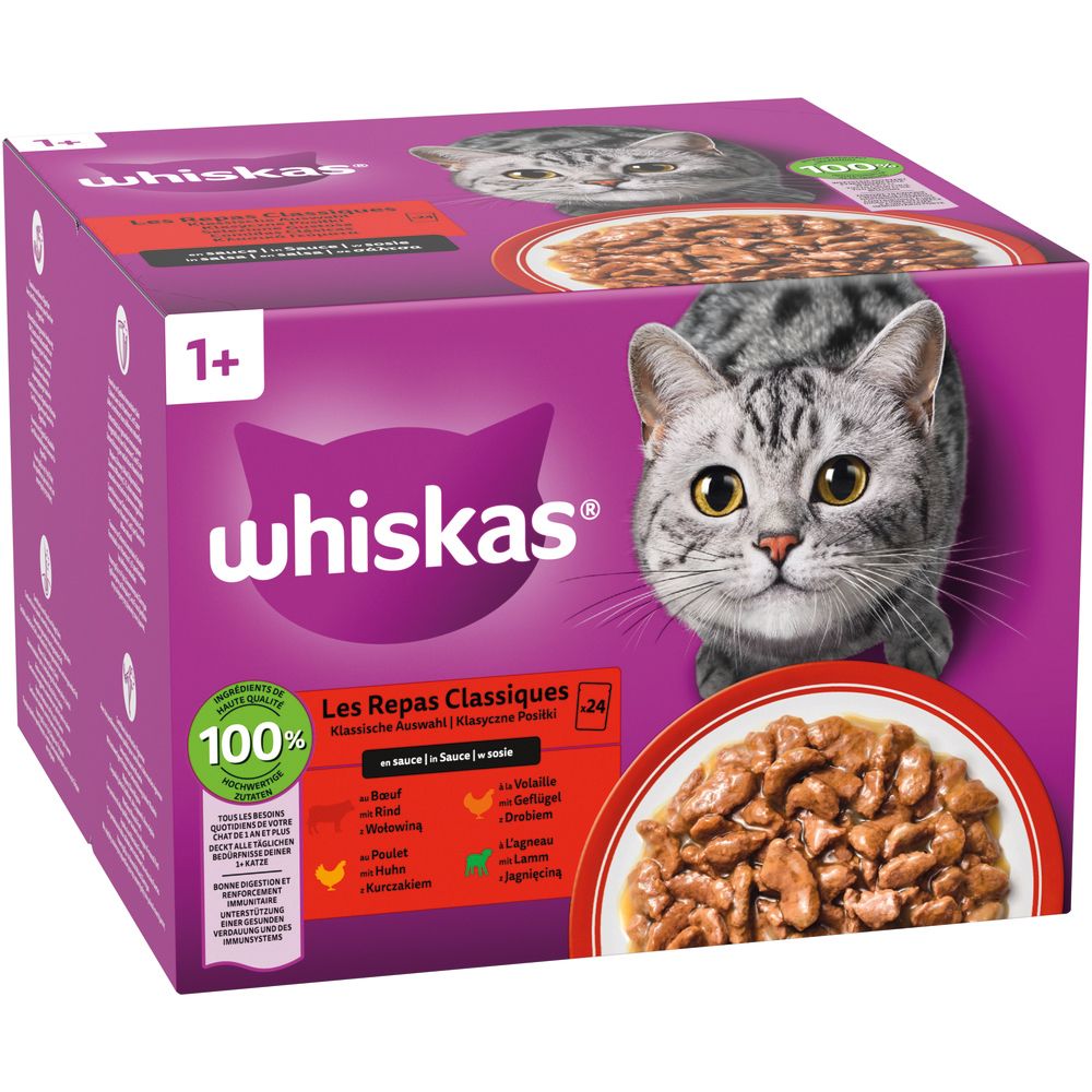 Verpackung Whiskas Katzenfutter mit Geflügel-Mahlzeiten und einem Teller Futter.