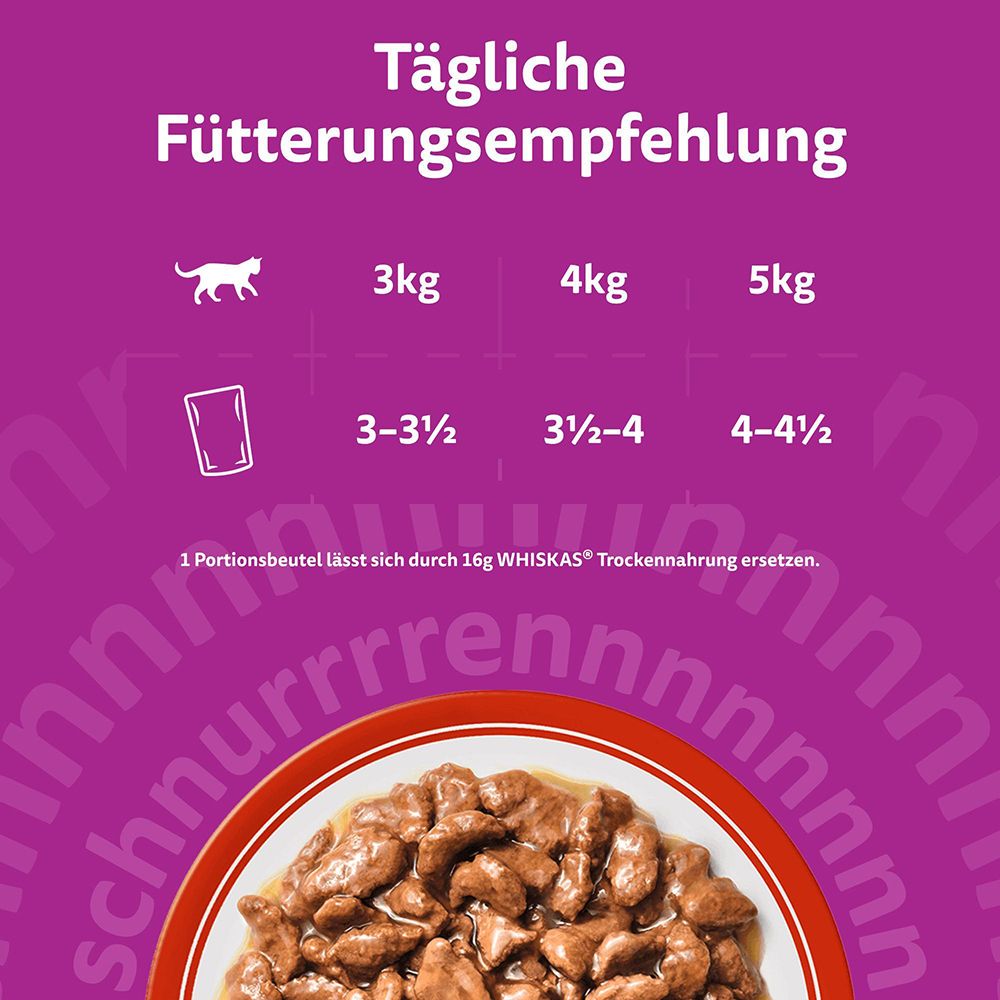 Katzenfutter in einer Schale mit Soße, daneben eine Katze und Icons, die gesundes Fell, Immunsystem, Muskeln und Verdauung hervorheben.
