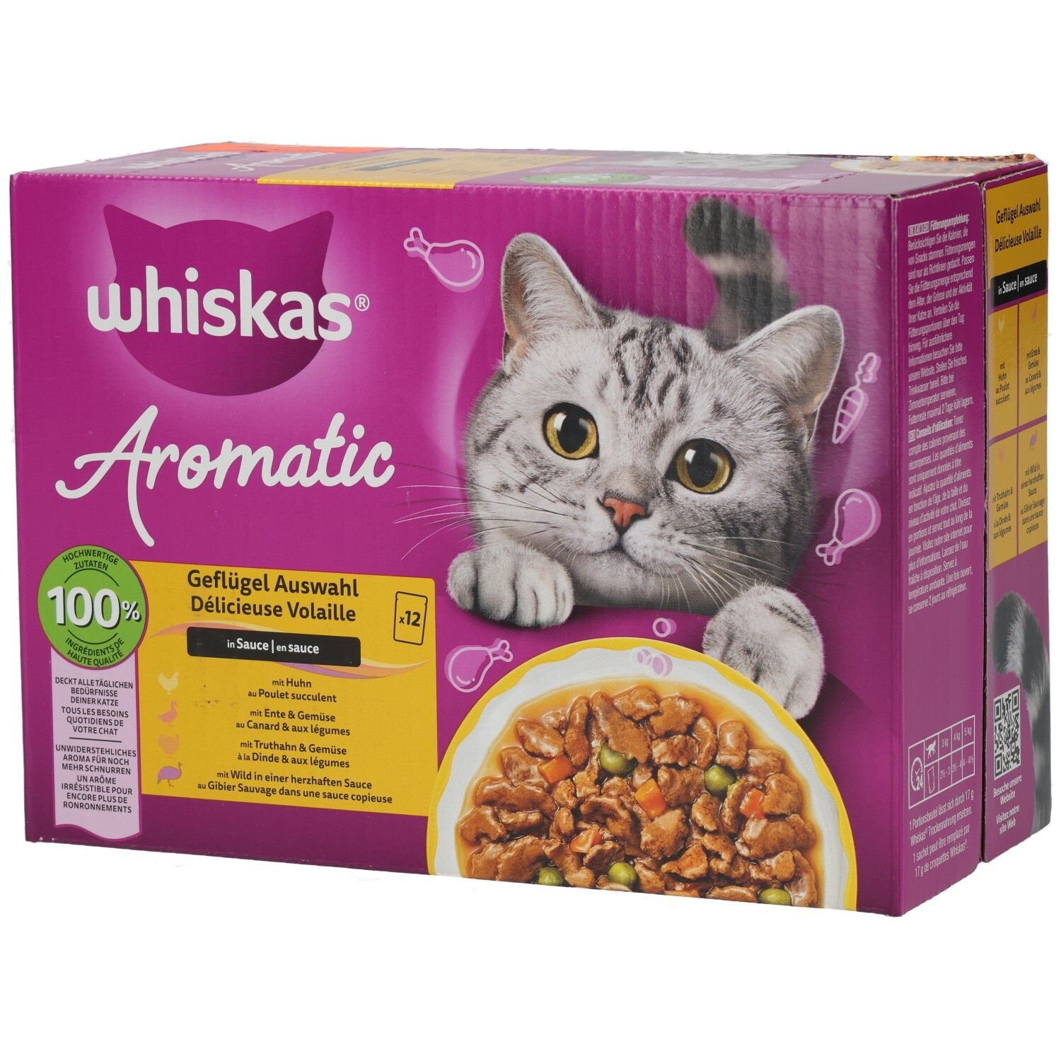 Whiskas Aromatic Geflügel Auswahl in Sauce, 12x100g Packung mit Katzenmotiv.