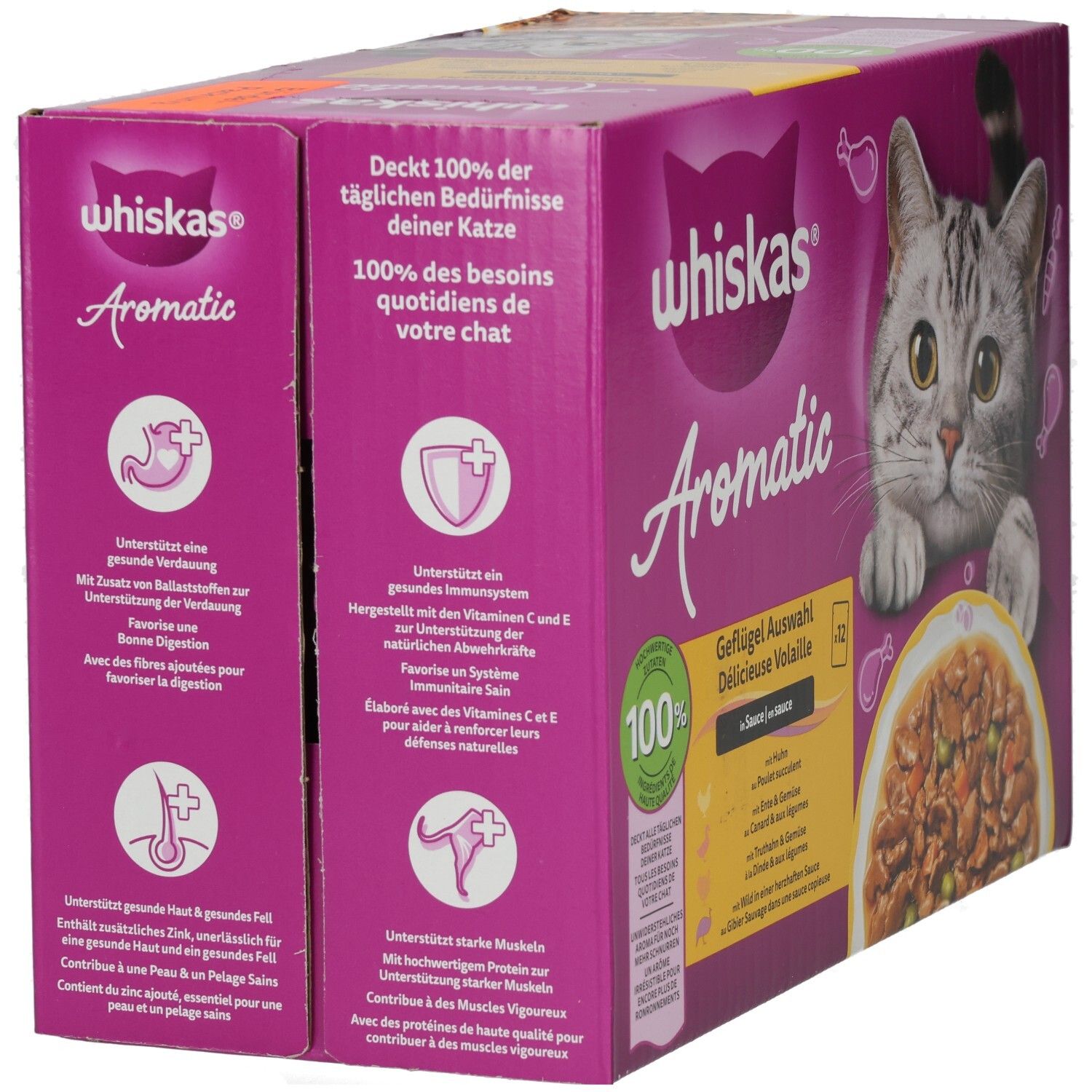 Whiskas Aromatic Katzenfutter-Karton mit Abbildungen von Katzen und Futter.