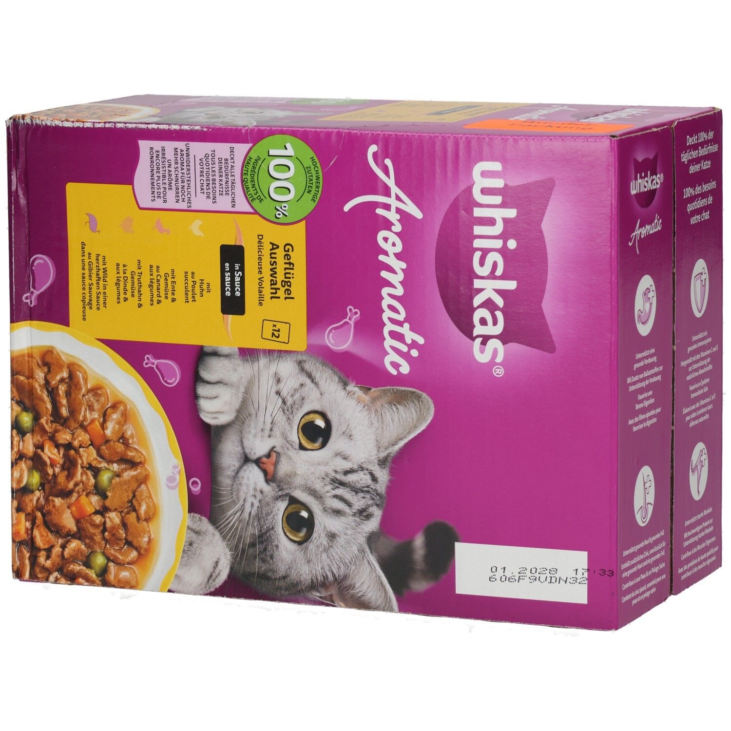 Whiskas Aromatic Geflügel Auswahl Katzenfutter-Box mit einer Katze, die hervorlugt.