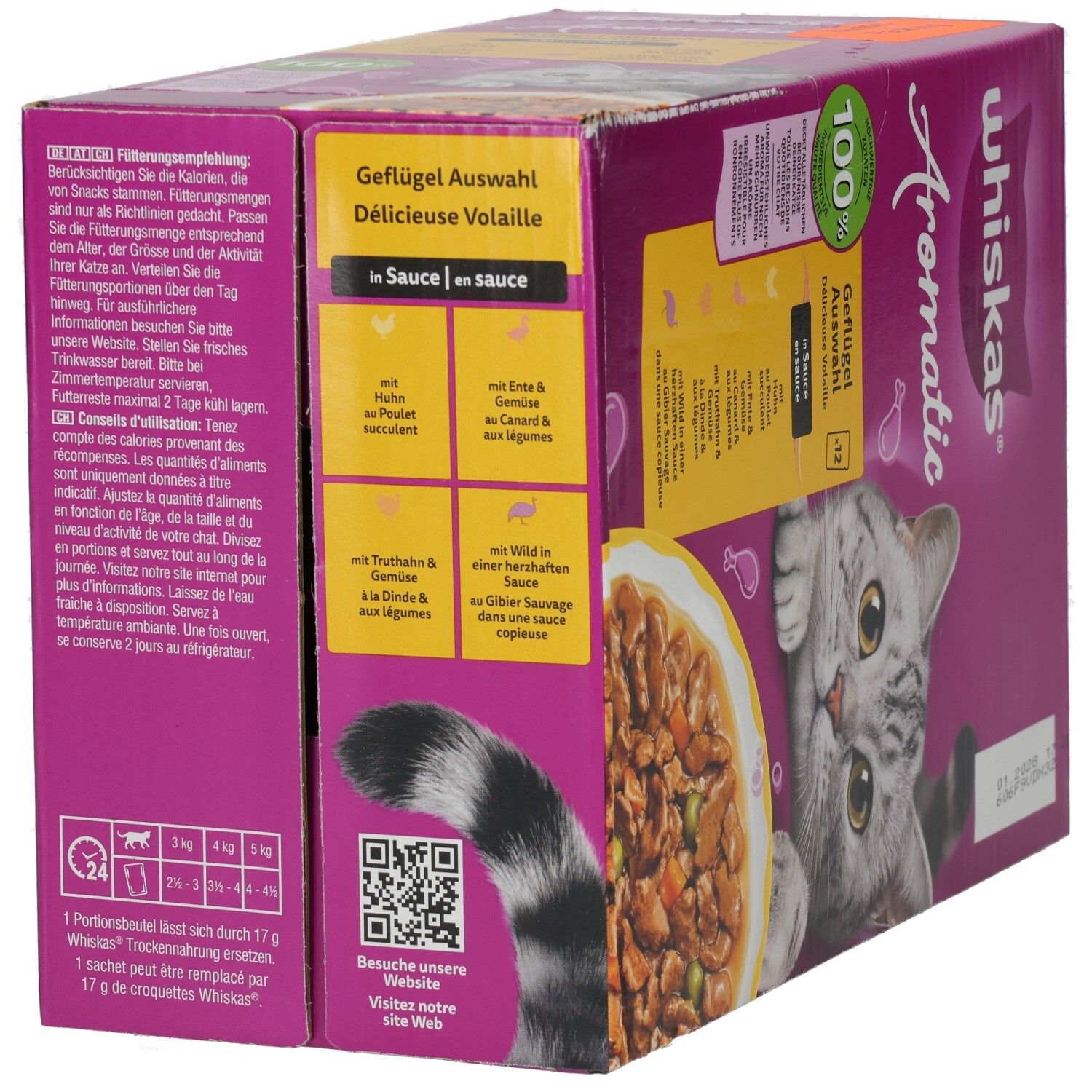 Whiskas Aromatic Geflügel Auswahl in Sauce Katzenfutter-Packung mit Katzenbild und Produktinformationen.
