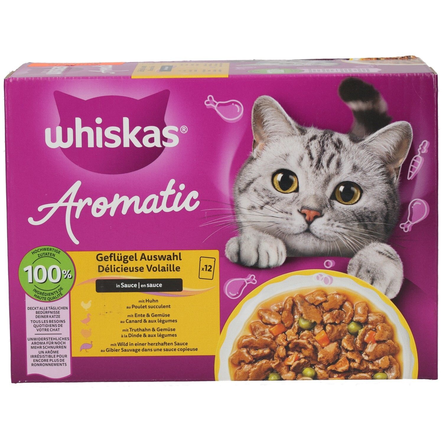 Whiskas Aromatic Geflügel Auswahl Katzenfutter-Packung mit 12 Beuteln. Zeigt eine Katze und eine Schale mit Futter.