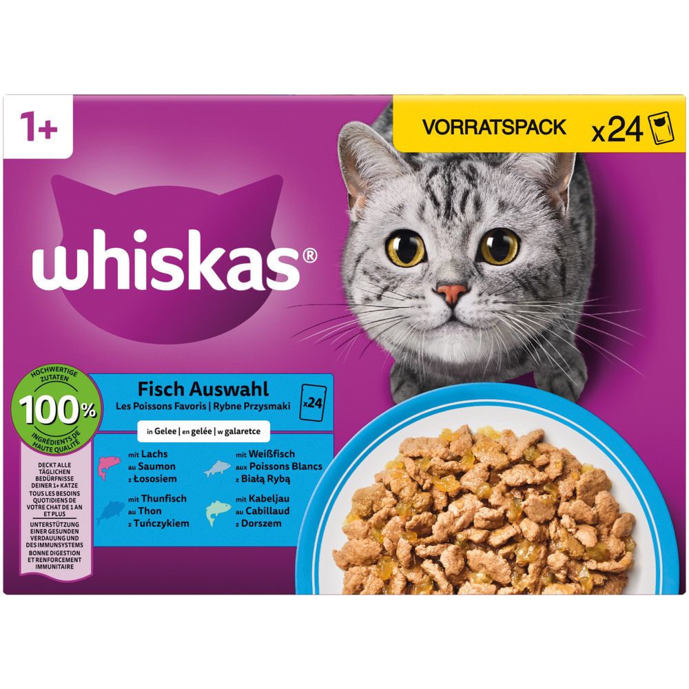 Whiskas Frischebeutel 85g 24 Pack Fisch Auswahl in Gelee 1+