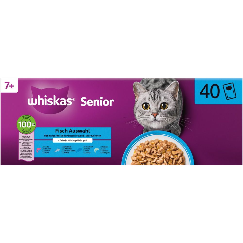 Whiskas Frischebeutel 85g 40 Pack Fisch Auswahl in Gelee 7+
