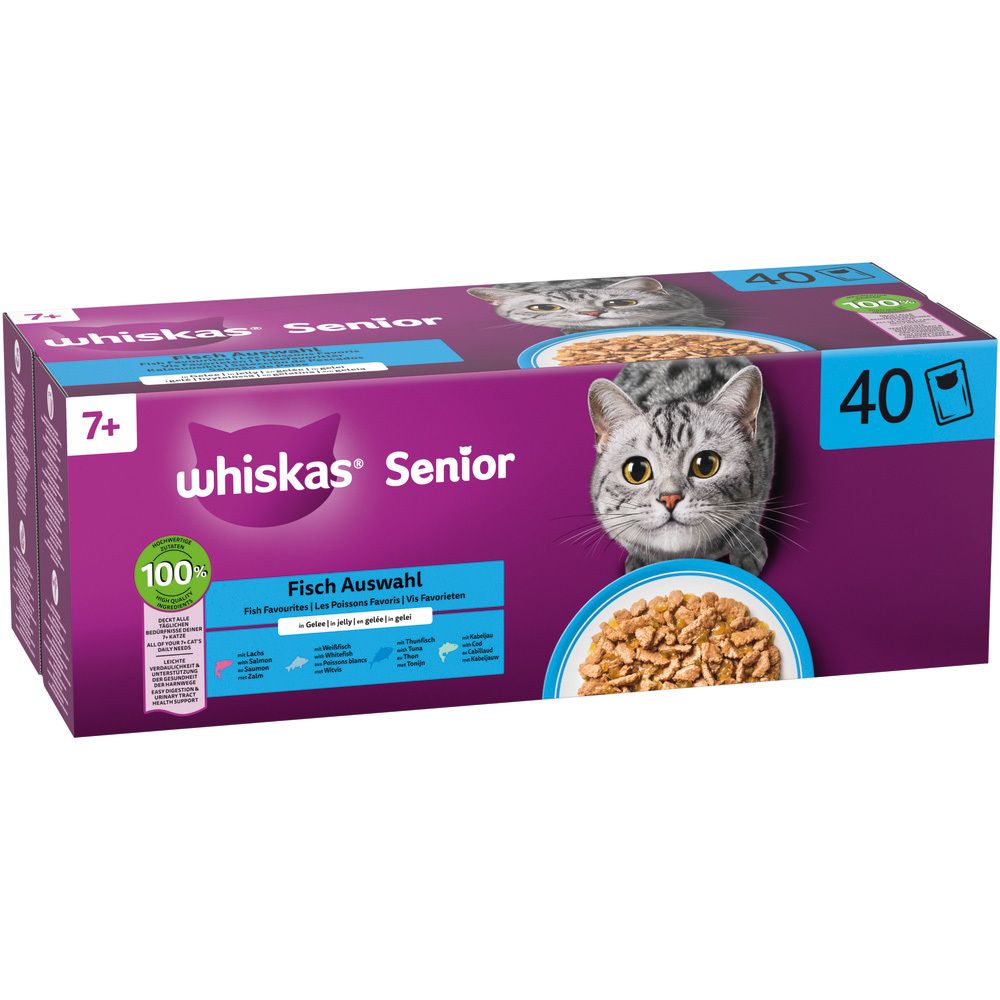 Whiskas Senior Katzennassfutter, 40x85g Beutel, Fisch Auswahl.