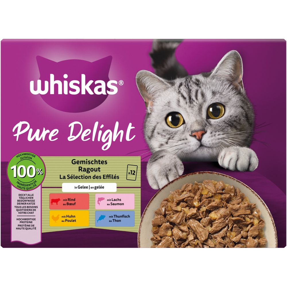 Whiskas Frischebeutel Pure Delight 85g 12 Pack Gemischtes Ragout in Gelee