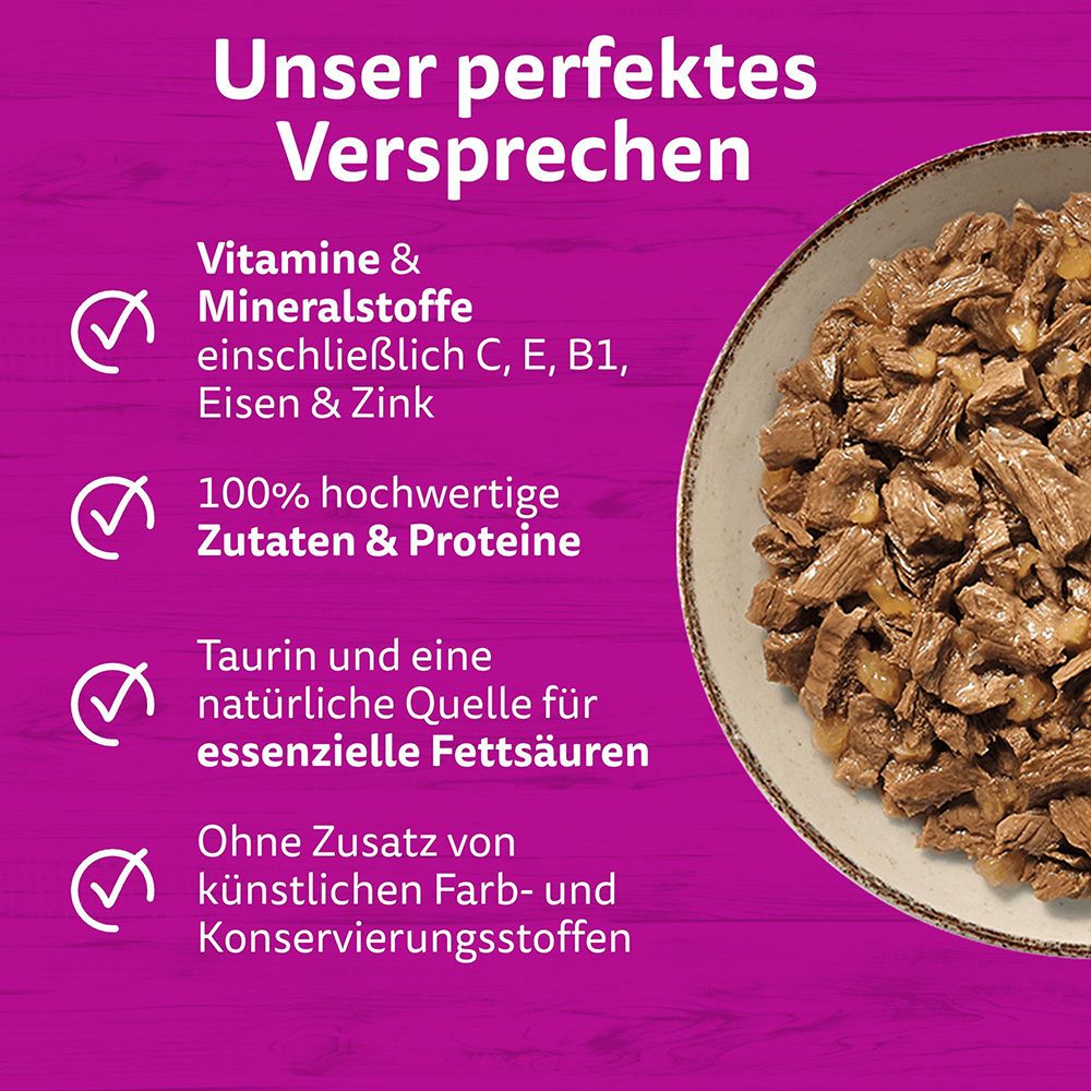 Katzenfutter mit Vitaminen, Mineralstoffen, Taurin und Proteinen. Ohne künstliche Farb- und Konservierungsstoffe.