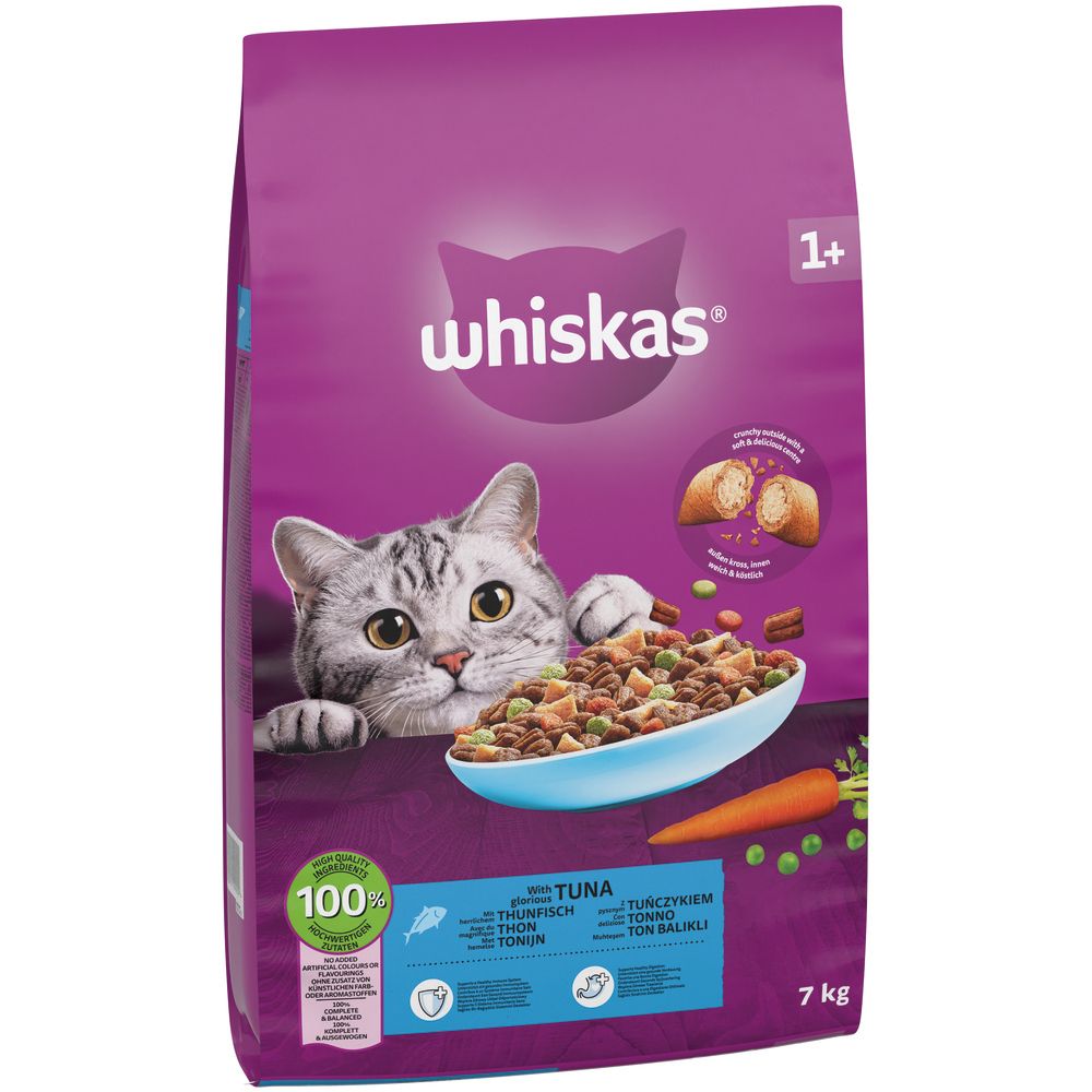 Vier Geschmacksrichtungen von Whiskas Trockenfutter für Katzen.