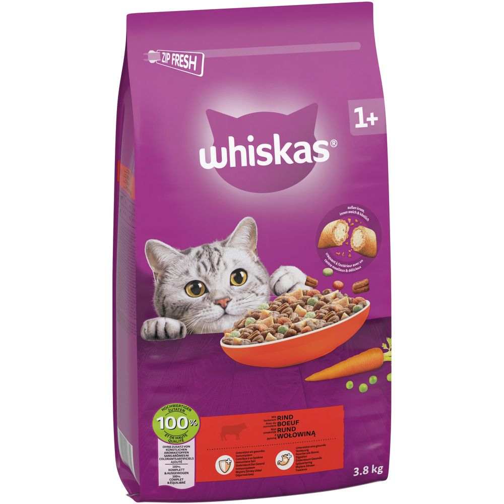 Whiskas Katzenfutter: Trockenfutter mit Rind und Geflügel, 3.8 kg.