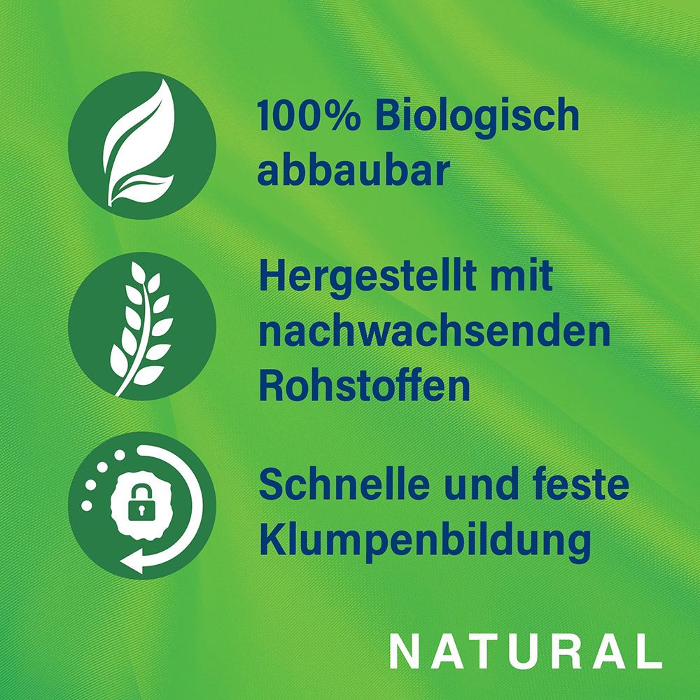 CATSAN Natural Klumpende Katzenstreu, 8L. Beutel mit Informationen zu biologischer Abbaubarkeit und nachwachsenden Rohstoffen.
