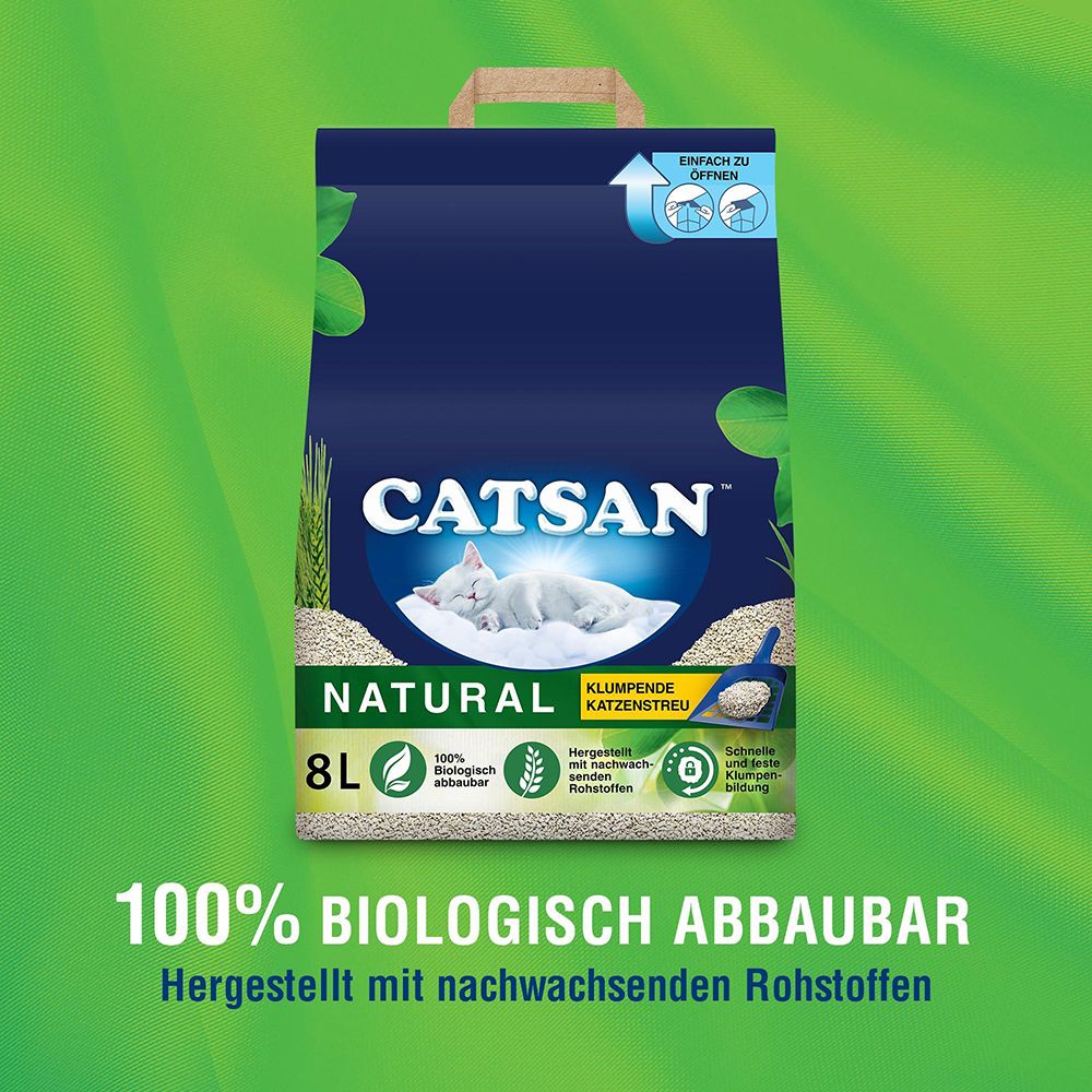 CATSAN Natural Katzenstreu. Drei Vorteile: Saugfähigkeit, einfache Klumpenentfernung, sanft zu Pfoten.