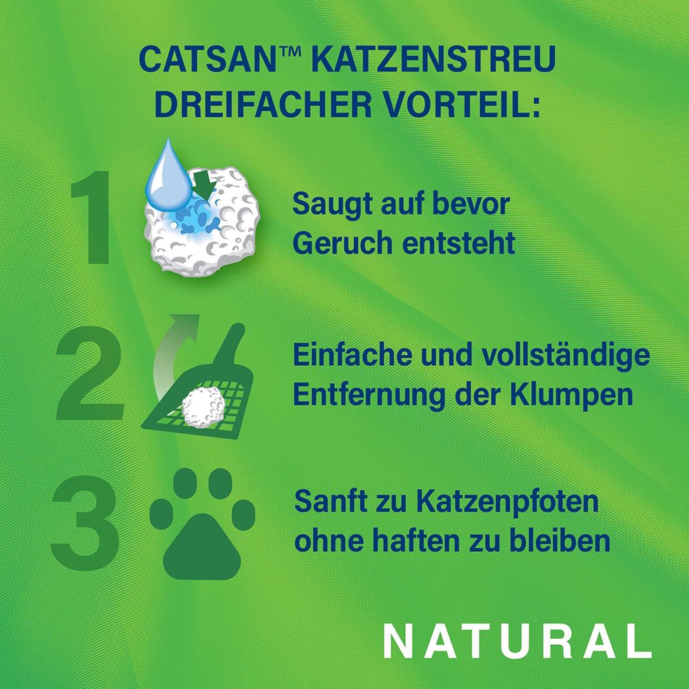 CATSAN Natural Klumpende Katzenstreu. Gebrauchsanweisung: Öffnen, füllen, Klumpen entfernen.