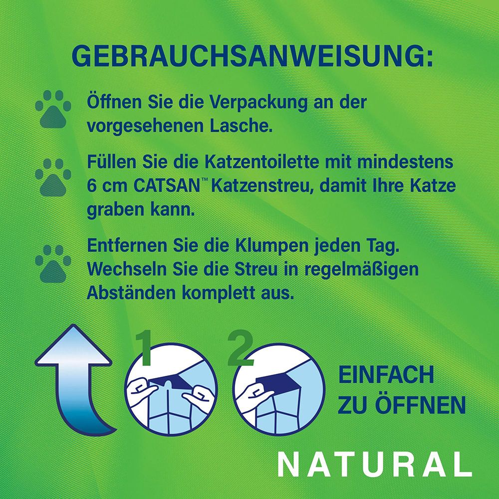 CATSAN Natural Katzenstreu. Gebrauchsanweisung mit Bildern: Öffnen, füllen, Klumpen entfernen.