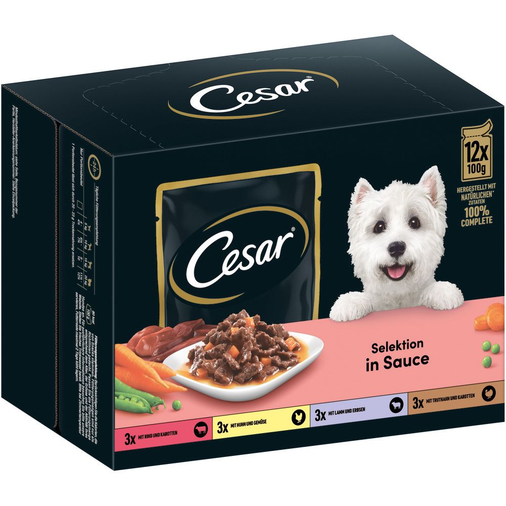 Cesar Selektion in Sauce Hundefutter-Box mit 12x 100g Beuteln, zeigt Hund und Futter.