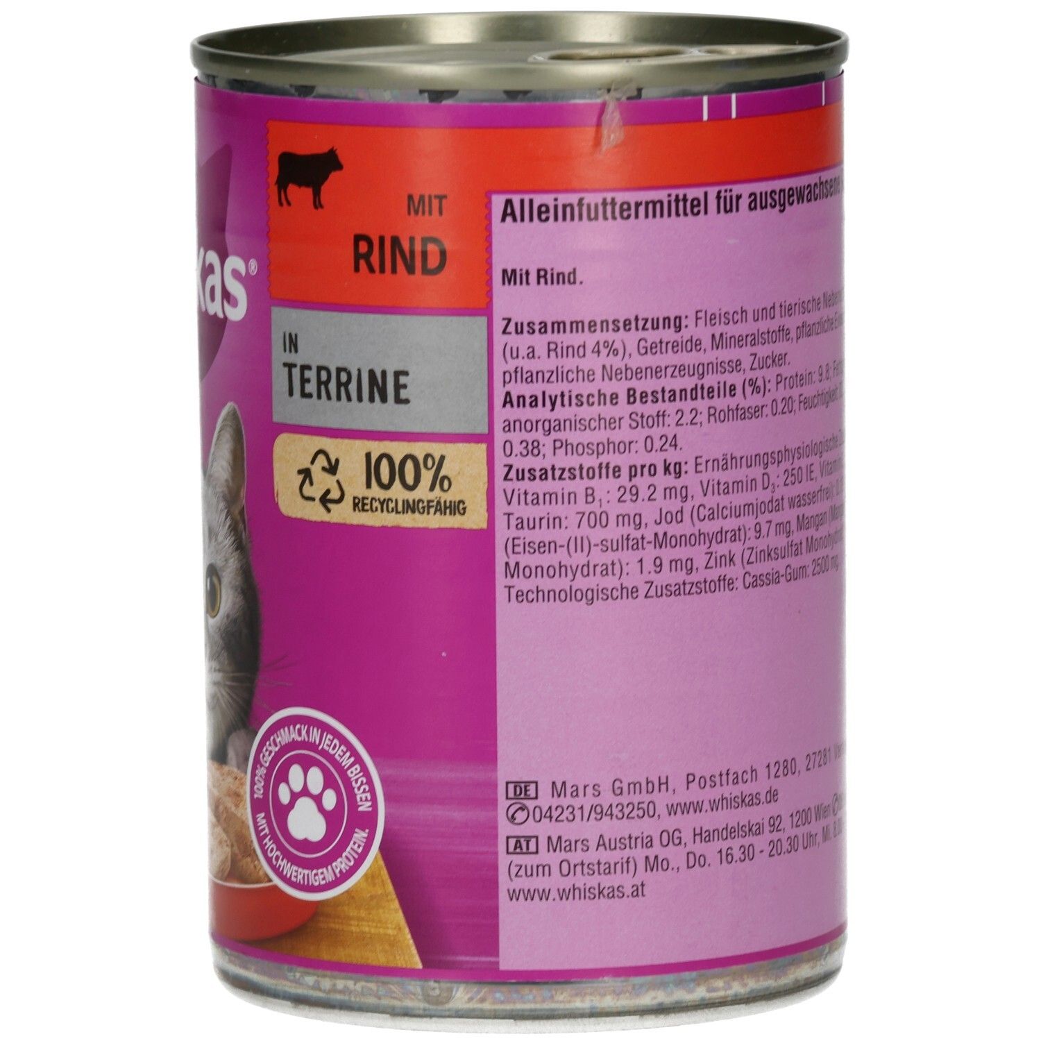 Whiskas Dose 400g  in Terrine mit Rind 1+