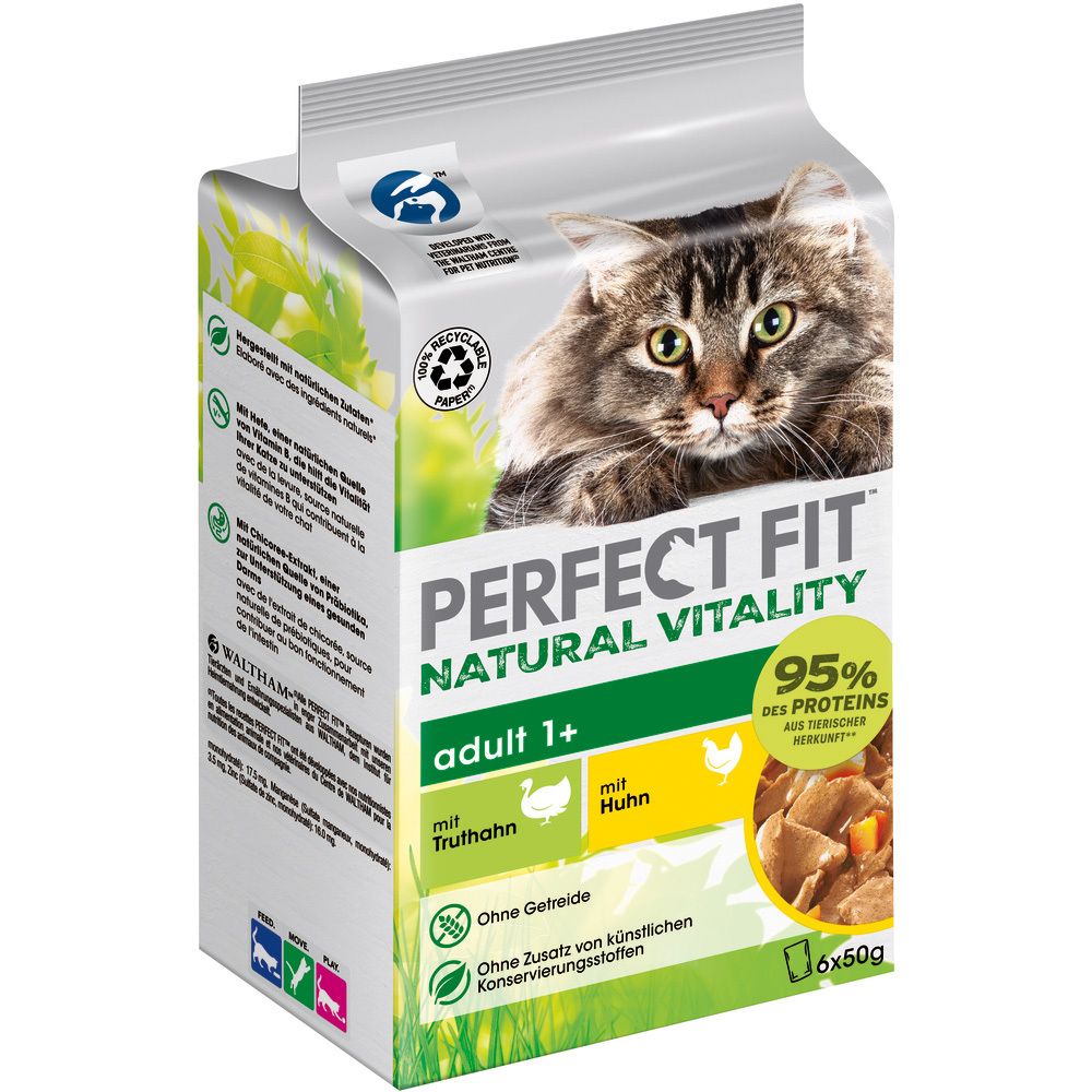 Perfect Fit Cat Natural Vitality Frischbeutel 50g 6 Pack  Adult 1+ mit Huhn und Truthahn