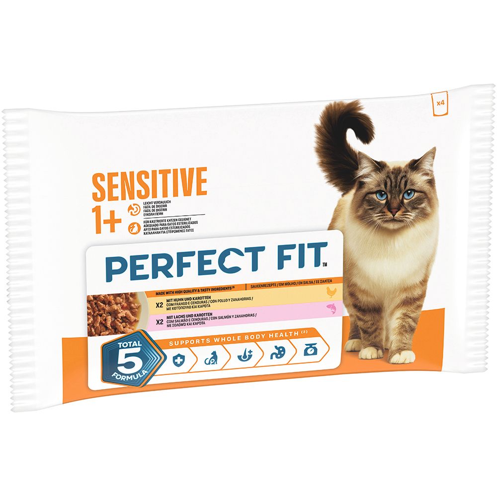 Perfect Fit Sensitive 1+ Katzenfutter-Beutel mit einem Bild einer Katze und Symbolen für 5 Formeln.