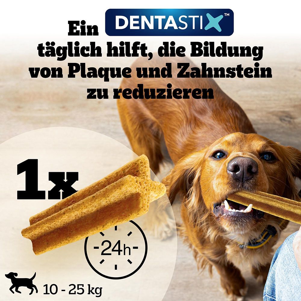 Hund kaut auf einem DentaStix-Kauartikel. Text: 'Reduziert Plaque und Zahnstein'.