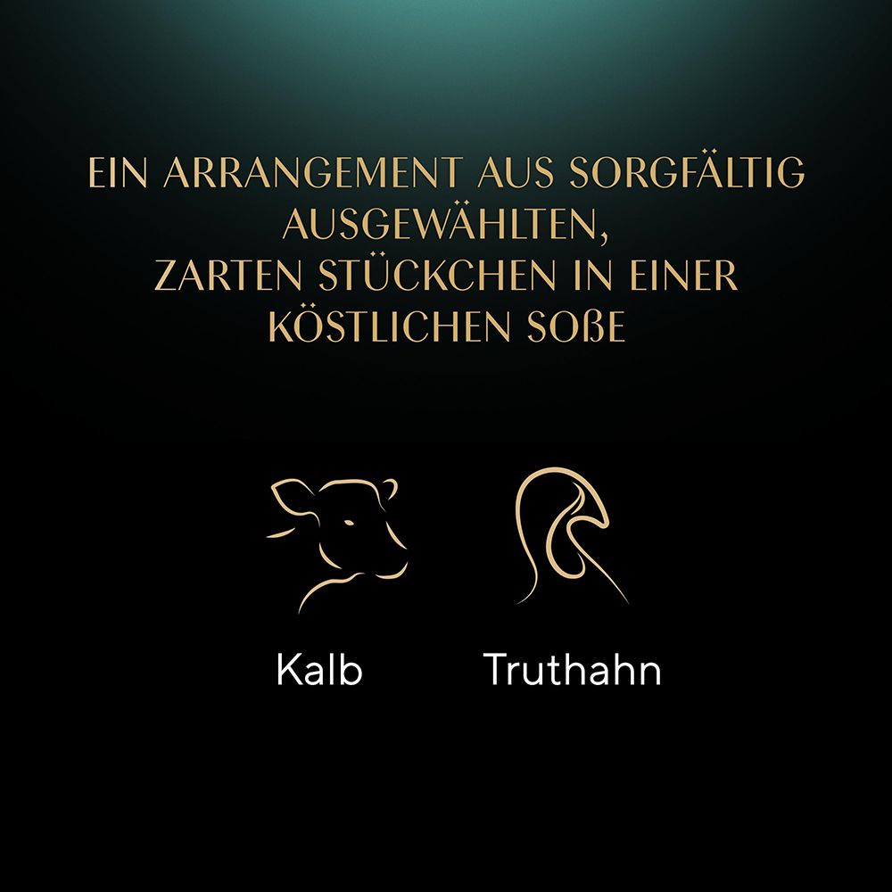 Zwei stilisierte Tierköpfe: Kalb und Truthahn, mit Text.