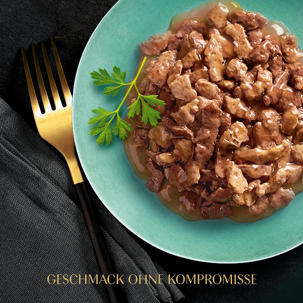 Eine Schale mit Sheba Delikatesse in Gelee mit Lachs, daneben eine Katze.