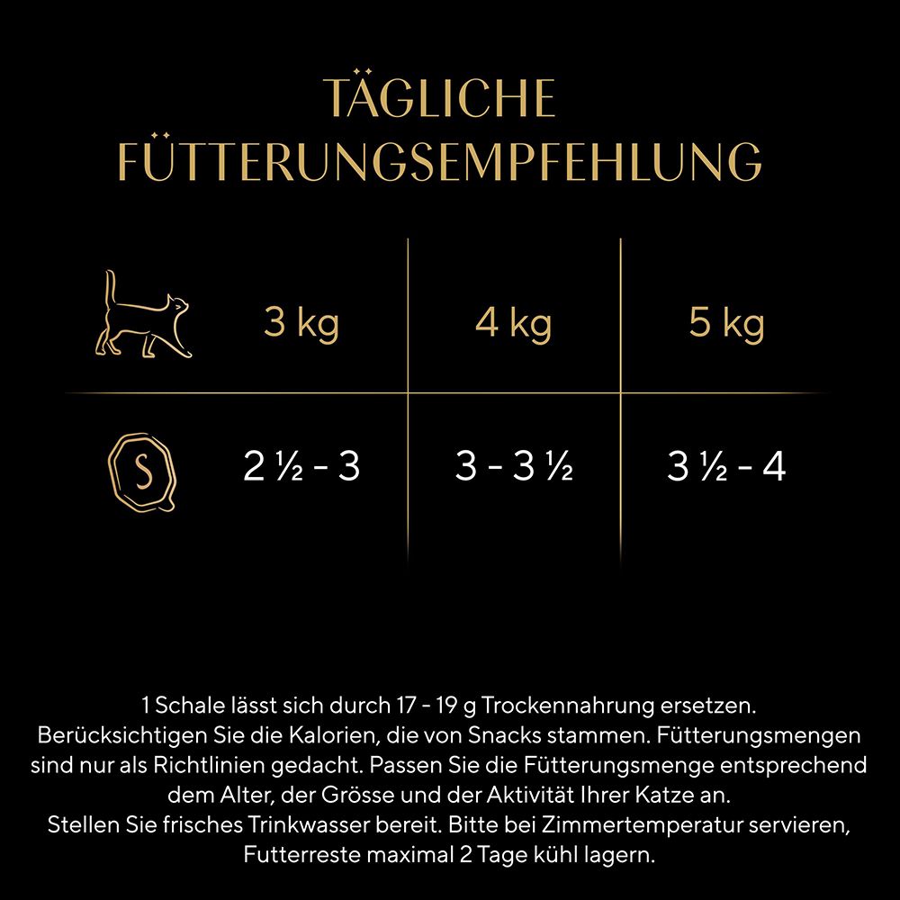 Graue Katze mit drei runden Siegeln: 100% komplett, natürliche Zutaten, ohne künstliche Farb-/Konservierungsstoffe.
