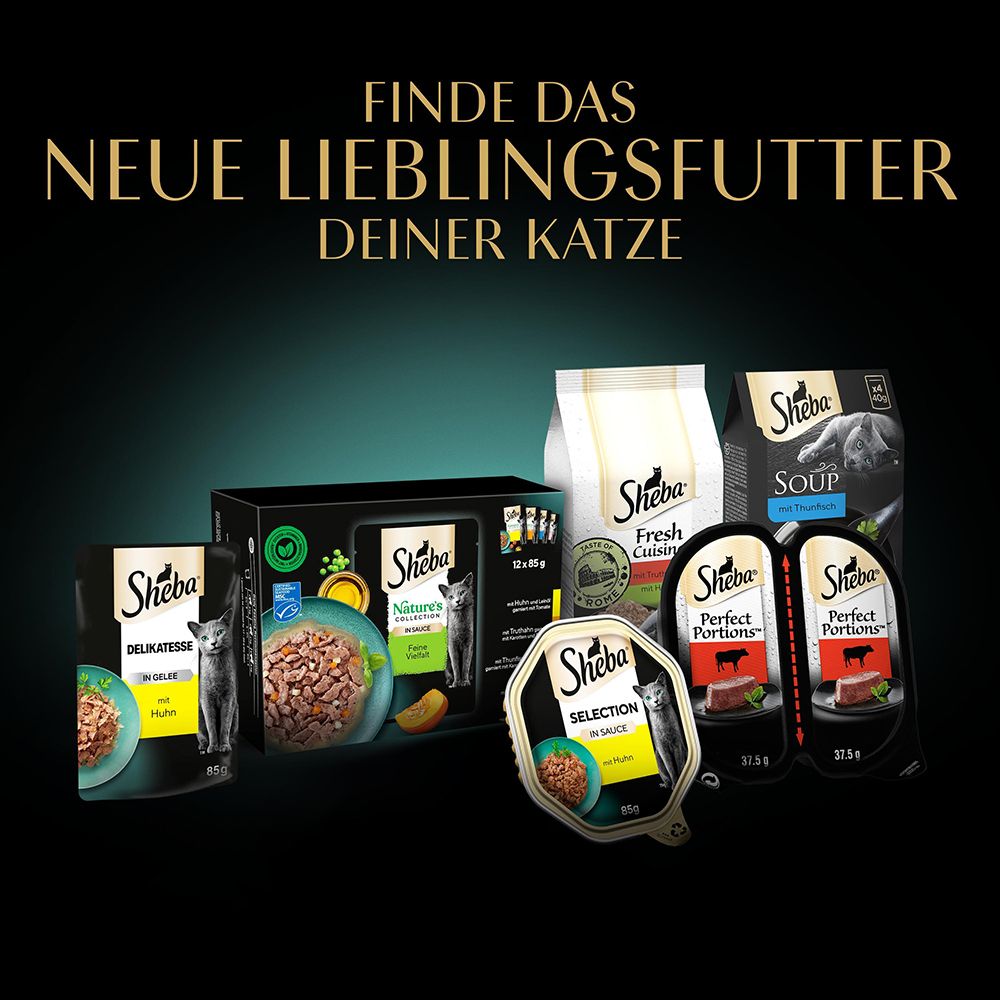 Mehrere Sheba Katzennahrungspackungen und -schalen in verschiedenen Sorten.