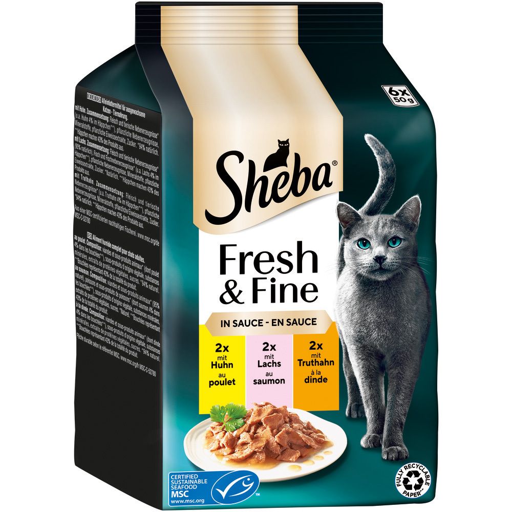 Sheba Fresh & Fine Katzenfutter in Sauce, 6x50g Beutel mit Huhn, Lachs und Truthahn.
