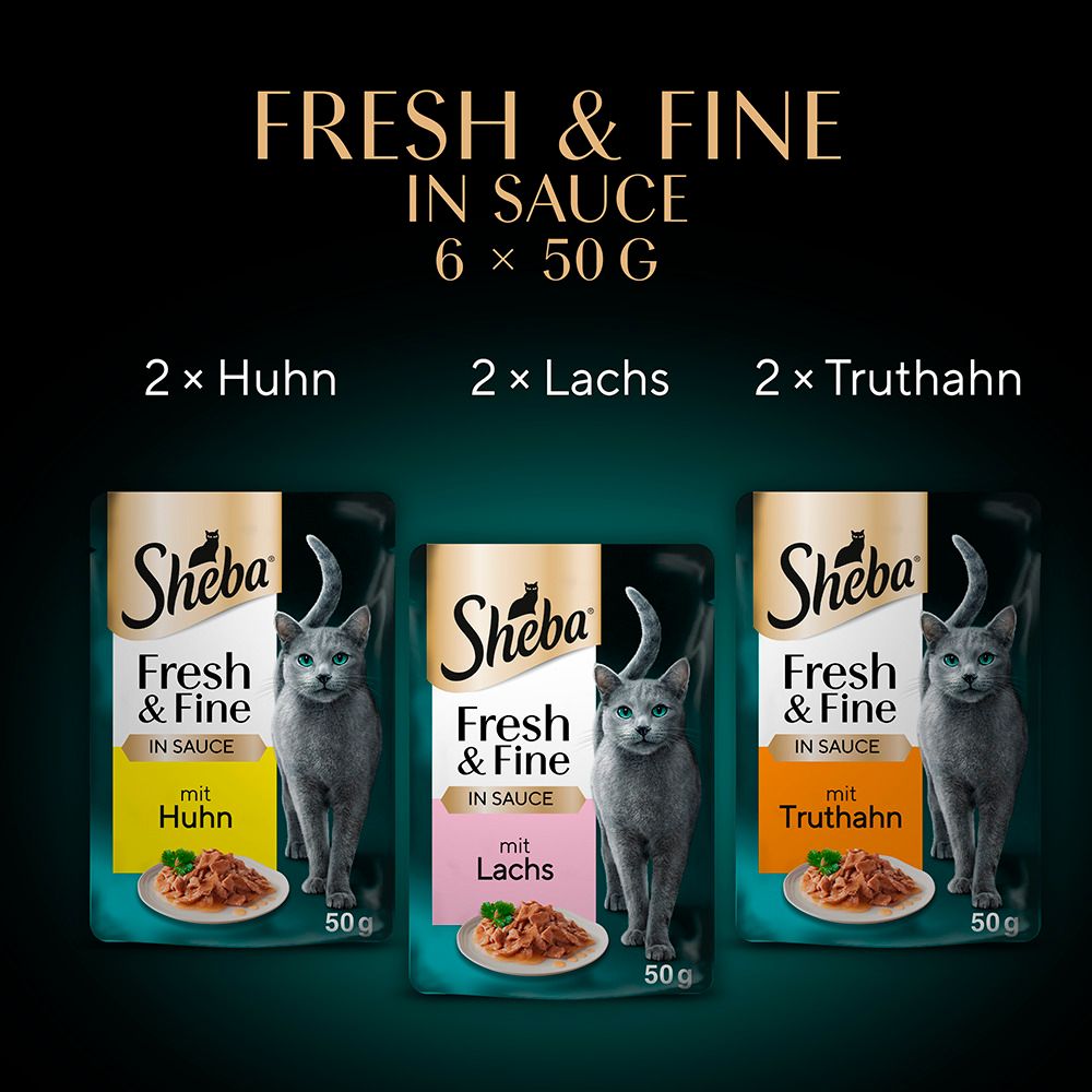 Sheba Fresh & Fine Katzenfutter in Sauce, 6x50g Beutel mit Huhn, Lachs und Truthahn.