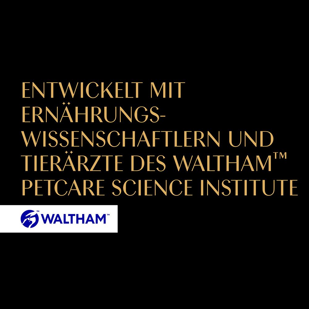 Text: Entwickelt mit Ernährungswissenschaftlern und Tierärzten des Waltham Petcare Science Institute. Logo: Waltham.