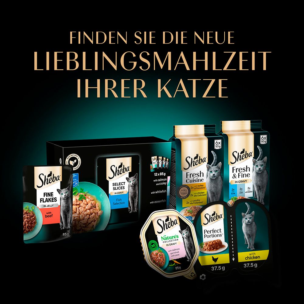 Produktabbildungen von Sheba Katzennahrung in verschiedenen Sorten und Verpackungen.
