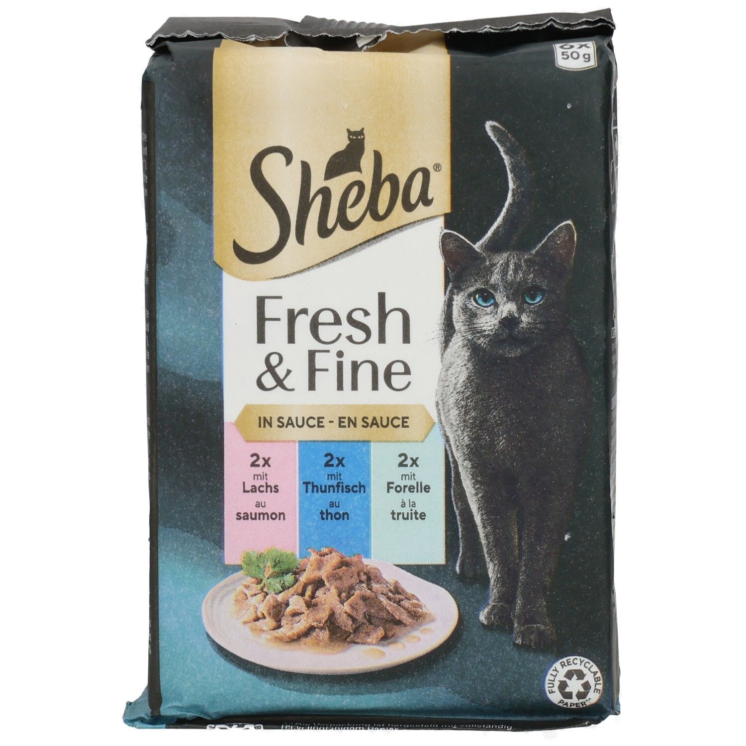 SHEBA® Fresh & Fine in Sauce mit Lachs und Thunfisch