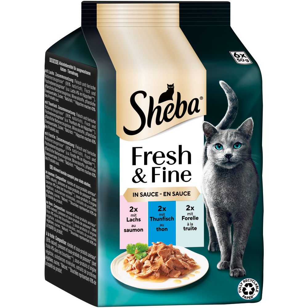 Packung Sheba Fresh & Fine Katzenfutter mit Lachs, Forelle und Thunfisch.