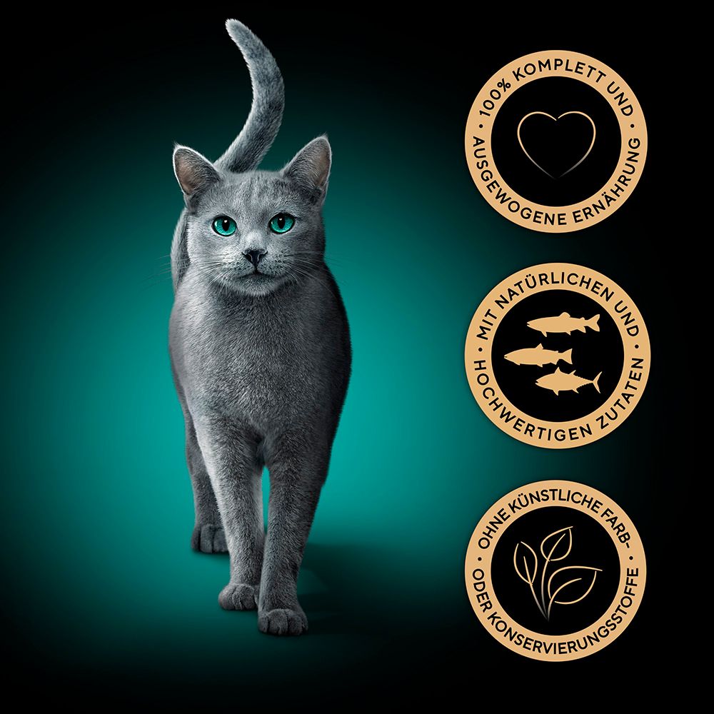 Packung Sheba Fresh & Fine Katzenfutter mit Lachs, Forelle und Thunfisch.
