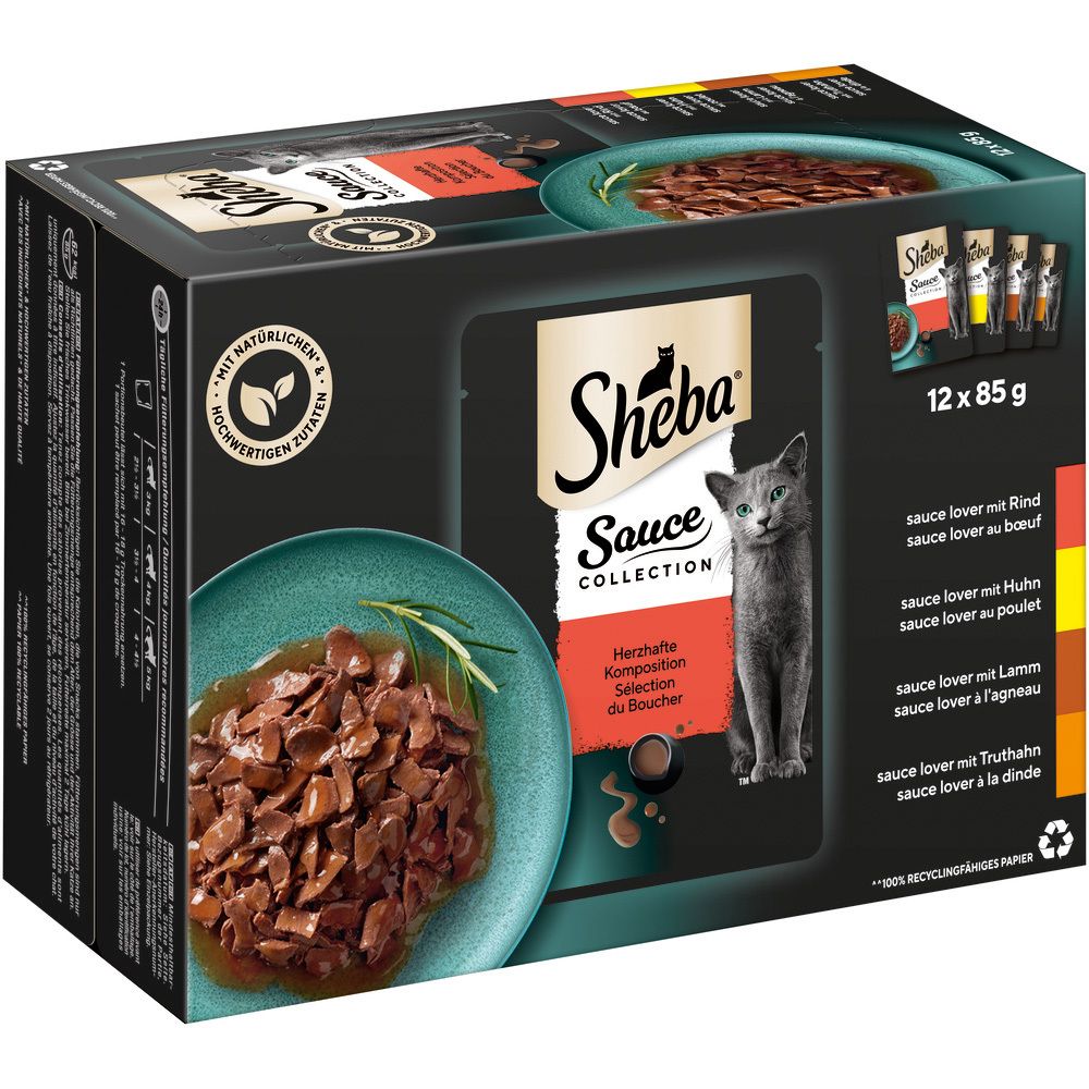 Sheba Sauce Collection Multipackung mit 12 Beuteln à 85g, verschiedene Fleischsorten.