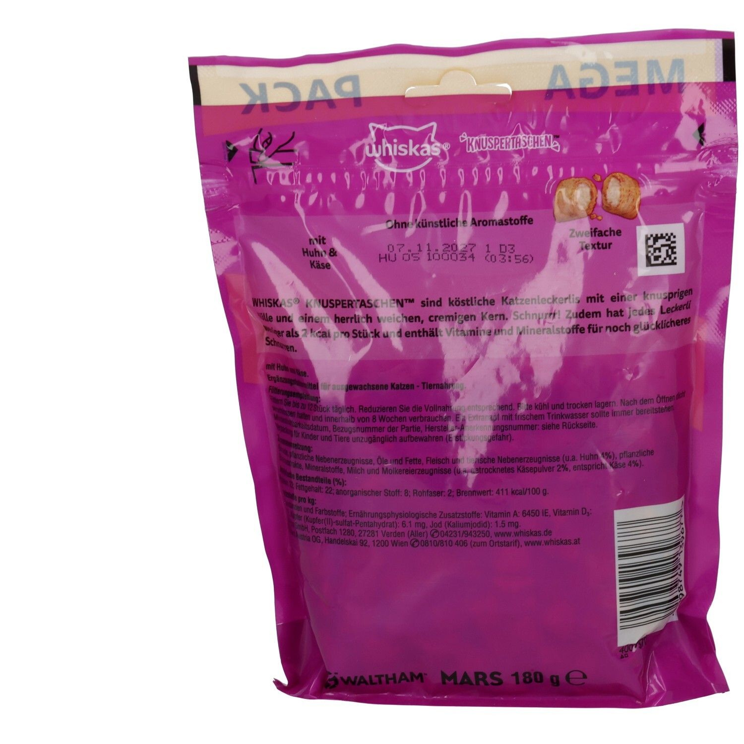 Whiskas Snacks Knuspertaschen Megapack mit Huhn und Käse