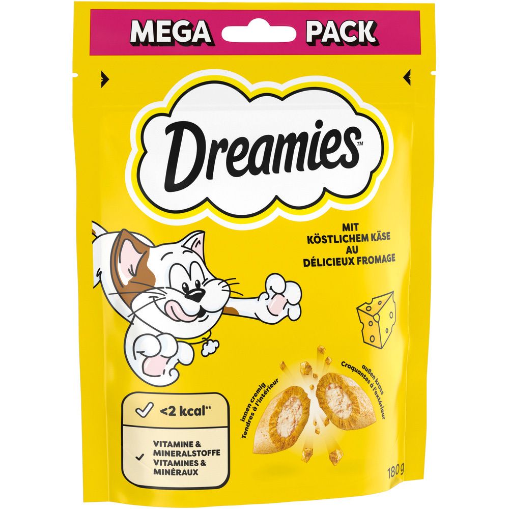 Dreamies Mega Pack Katzenleckerlis mit Käse, 180g. Weniger als 2 kcal pro Stück. Enthält Vitamine und Mineralstoffe.