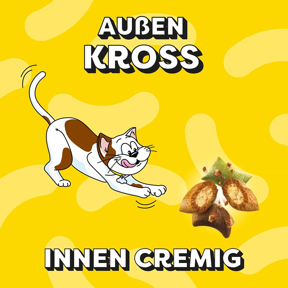 Grafik mit Katzen, die Leckerlis "Außen knusprig, innen cremig" jagen.