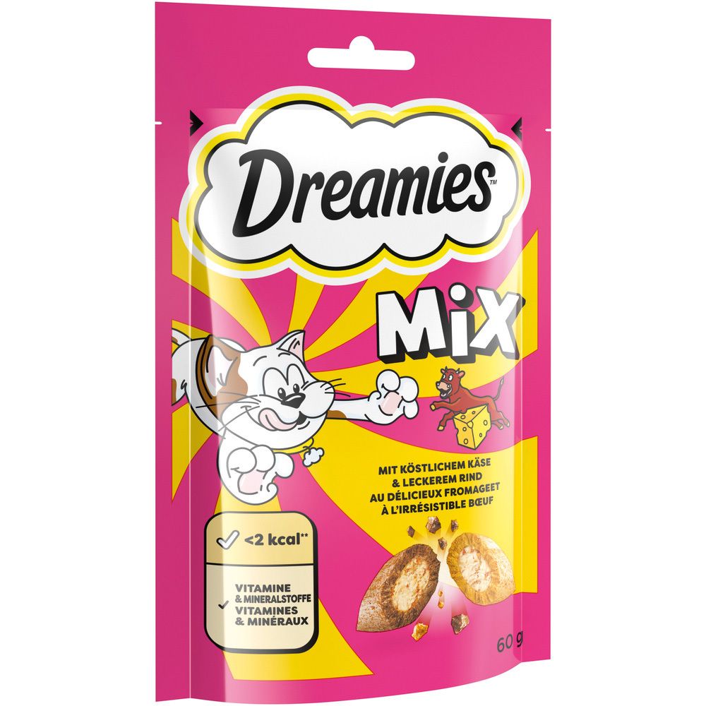 Dreamies Mix Katzenleckerli mit Käse und Rind, 60g Beutel, <2 kcal pro Stück.