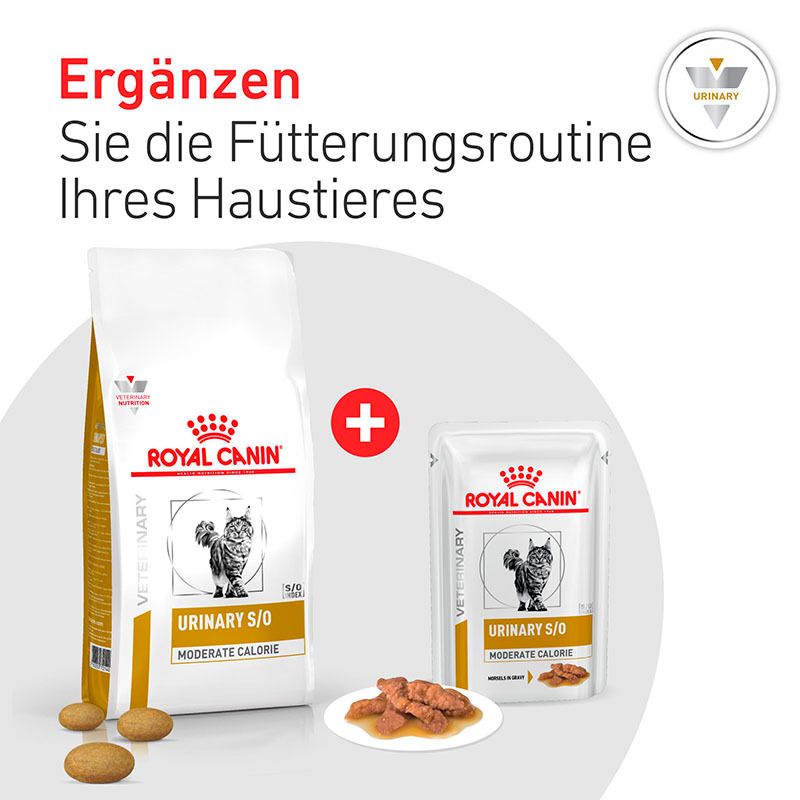 Royal Canin Urinary S/O Nassfutter für Katzen, Beutel und Dose mit Futter und Leckerlis.