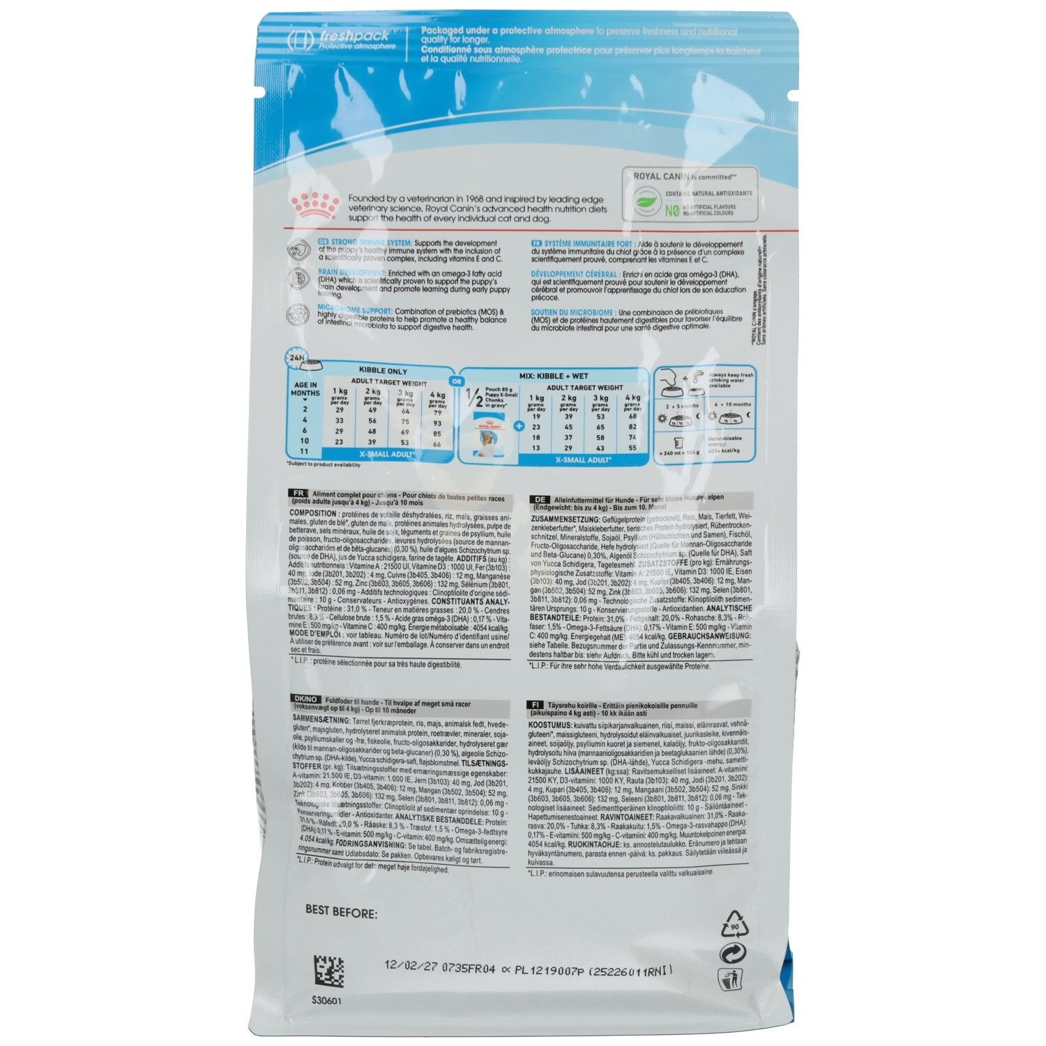 Rückseite des Royal Canin X-Small Puppy Futterbeutels mit detaillierten Nährwertangaben und Anwendungshinweisen.