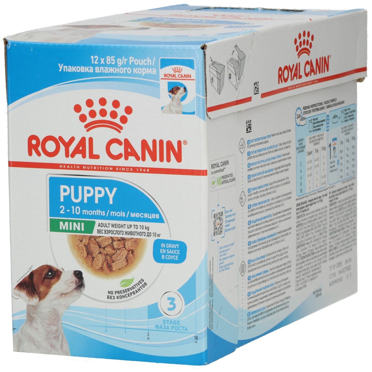 Royal Canin Mini Puppy Trockenfutter-Box mit 12x85g Beuteln, für Welpen von 2-10 Monaten.